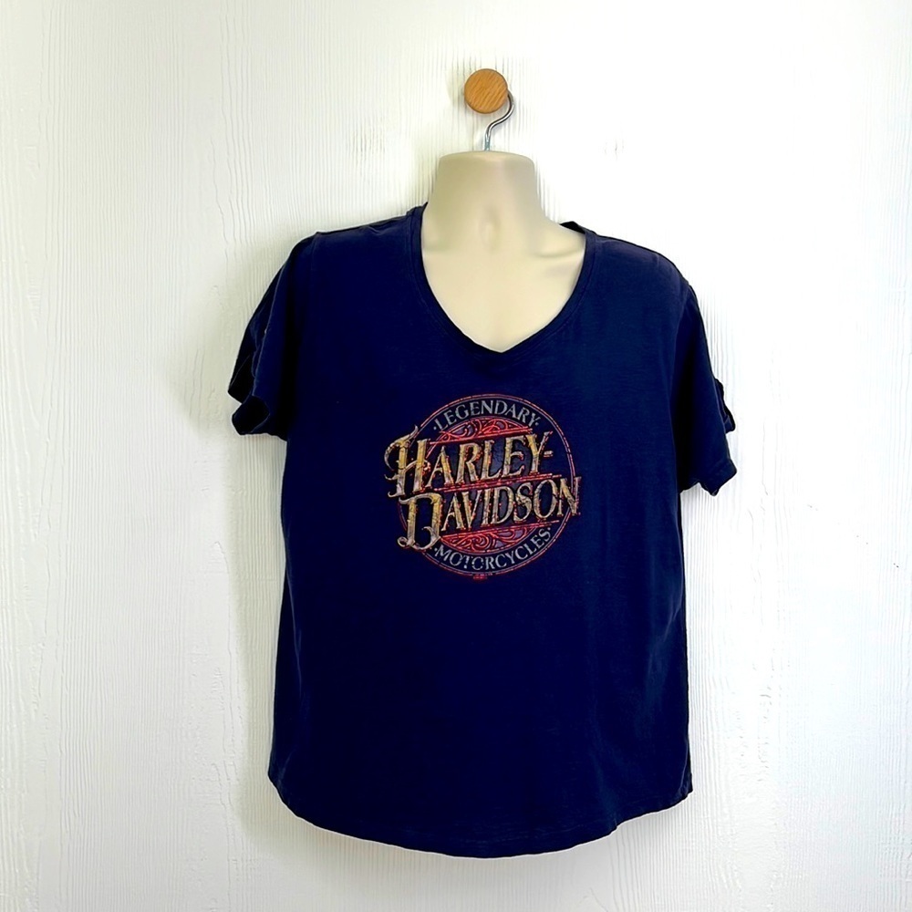 Harley Davidson - Navy V Neck South Dakota Short Sleeve Top W/ Buttons Size XXXL